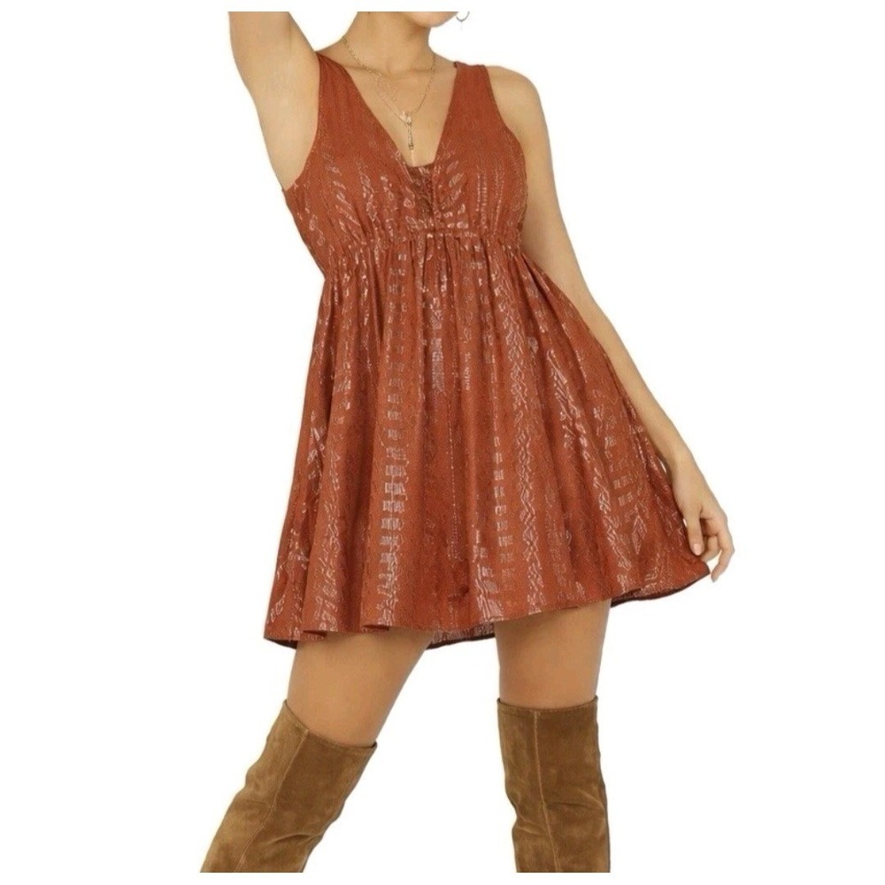 Shyanne Dress Size M Boho Western Flare Metallic Aztec Print V Neck-New With Tag